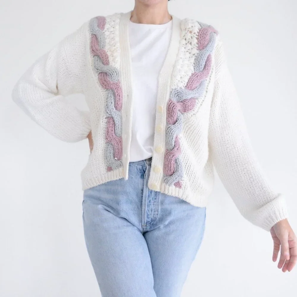 Vintage Hunters Run Cream, Purple & Blue Button Up Knit Cardigan L - Picture 1 of 12